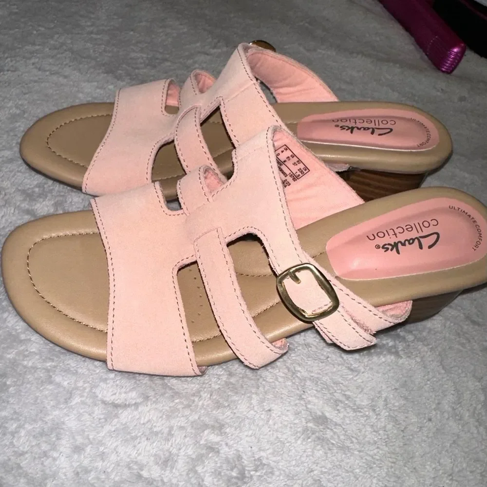 Clarks Heeled Slide Sandals Desirae Palm in powder pink  Suede Size 6.5